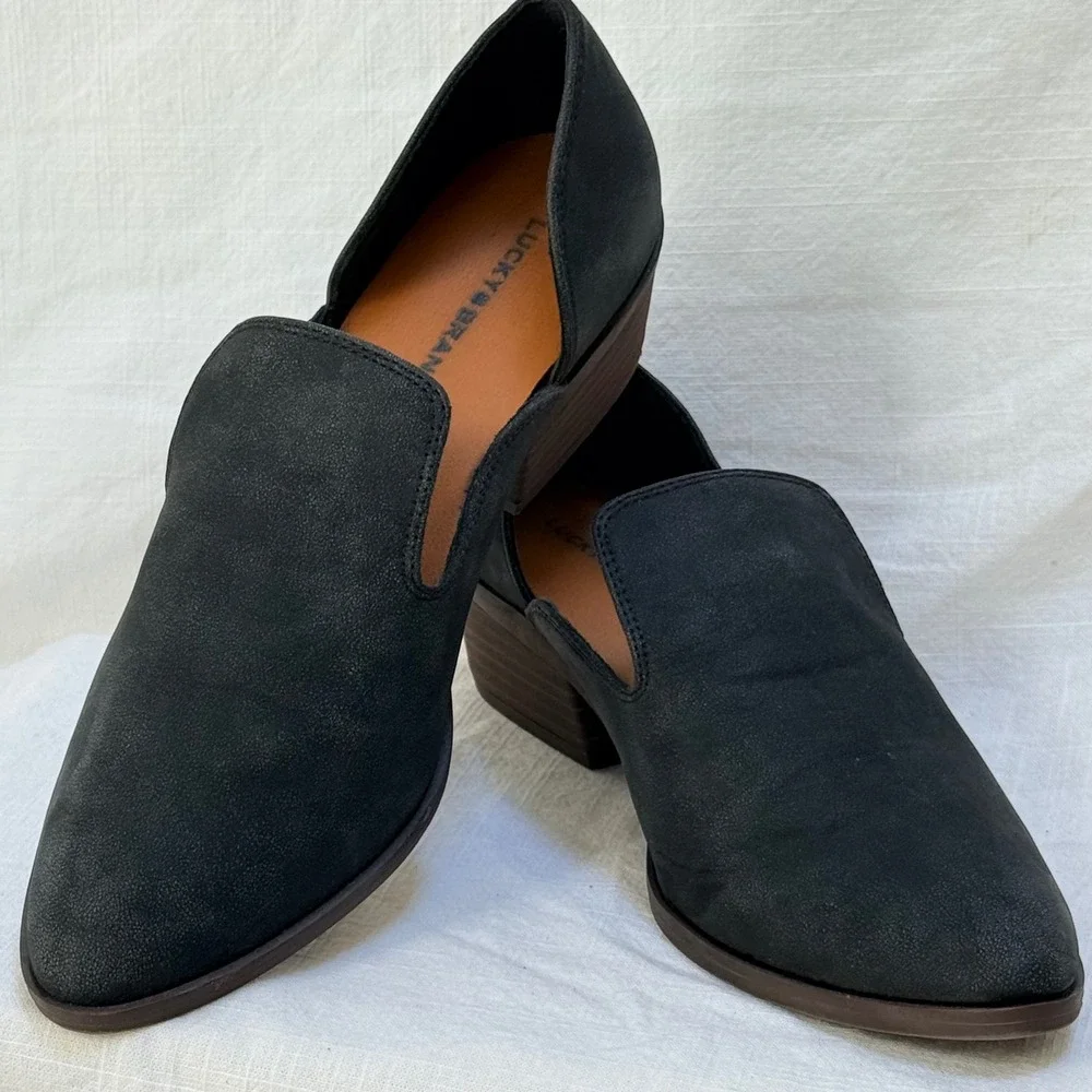 Lucky Brand Mizina Booties 7M Black d'Orsay Pointed Toe Block Heel Loafers
